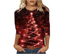 TURWXGSO Christmas T Shirts Women Funny Festive Top Women's Crewneck Xmas Tops 3/4 Sleeve Tshirt Glitter Xmas Tree Printed Loose T-Shirt Graphic Tees Dressy Casual Shirts Plus Size