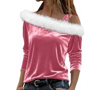 TURWXGSO Cold Shoulder Tops Womens Velvet Long Sleeve Blouse Sexy Off The Shoulder Fur Trim Top Elegant Jumpers Holiday Sweatshirt Cozy Casual Blouses Ladies Sweater Festive Party Wear