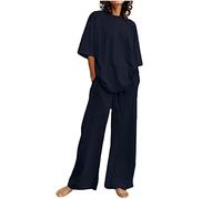 TURWXGSO Cotton Linen Sets for Women 2 Piece Outfits Casual Loose Half Sleeve Oversized Top and Wide Leg Long Pants Sets Plus Size Loungewear Tracksuit Sets with Pockets