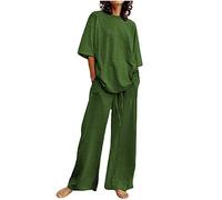 TURWXGSO Cotton Linen Sets for Women 2 Piece Outfits Casual Loose Half Sleeve Oversized Top and Wide Leg Long Pants Sets Plus Size Loungewear Tracksuit Sets with Pockets