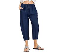 TURWXGSO Cropped Trousers Women Solid Color Cotton Linen Cropped Pants Drawstring Elasticed Waist Wide Leg Trousers Ladies Casual Loose Comfy Capri Pants with Pockets