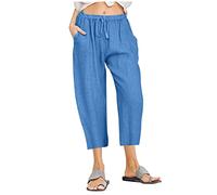 TURWXGSO Cropped Trousers Women Solid Color Cotton Linen Cropped Pants Drawstring Elasticed Waist Wide Leg Trousers Ladies Casual Loose Comfy Capri Pants with Pockets
