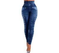 TURWXGSO Denim Look Leggings for Women UK Slim Fit Stretchy Skinny Women's Pearl-Embellished Faux Denim Leggings - High Waist Tummy Control Yoga Pants, Sculpting Office-to-Gym