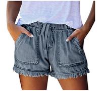 TURWXGSO Denim Shorts for Women UK Baggy Casual Women's Jean Shorts with Pockets Raw Hem Drawstring Elastic Waist Summer Beach Vacation Outfit for Ladies