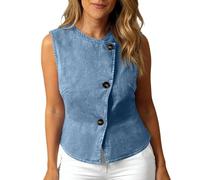 TURWXGSO Denim Vest Tops for Women Sleeveless Jean Tank Tops Button Down Crew Neck Asymmetrical Cami Blouse Casual Summer Denim Daily Shirt Stylish Slim Fit Work Outfits