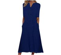 TURWXGSO Dresses for Women UK Midi Summer Dress Casual Floral Dresses Short Sleeve V Neck Button Dress Loose T Shirts Dress Party Beach Dress Pockets Ladies Plus Size Dresses