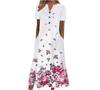 TURWXGSO Dresses for Women UK Midi Summer Dress Casual Floral Dresses Short Sleeve V Neck Button Dress Loose T Shirts Dress Party Beach Dress Pockets Ladies Plus Size Dresses