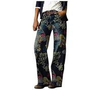 TURWXGSO Jeans for Women UK Baggy Vintage Floral Print Jeans Denim Pull On Trousers Ladies Wide Leg Pants Straight Relaxed Fit Casual Boyfriends Y2K Streetwear Denim Pants