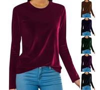 TURWXGSO Jumpers for Women UK Ladies Velvet Crew Neck Tops Luxe Plain Velour Long Sleeve Blouse Soft Rich Feel Shirt Elegant Sweaters Basic Layer for Evenings Out Special Occasions