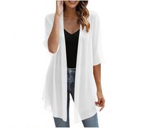 TURWXGSO Ladies Summer Cardigan UK 3/4 Sleeve Solid Lightweight Sheer Chiffon Tops Open Front Blouse Soft Breathable Casual Cardigan Loose Shawl Capes Holiday Beach Going Out Tops