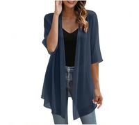 TURWXGSO Ladies Summer Cardigan UK 3/4 Sleeve Solid Lightweight Sheer Chiffon Tops Open Front Blouse Soft Breathable Casual Cardigan Loose Shawl Capes Holiday Beach Going Out Tops