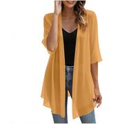 TURWXGSO Ladies Summer Cardigan UK 3/4 Sleeve Solid Lightweight Sheer Chiffon Tops Open Front Blouse Soft Breathable Casual Cardigan Loose Shawl Capes Holiday Beach Going Out Tops
