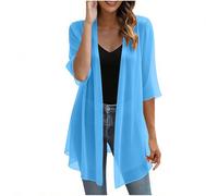 TURWXGSO Ladies Summer Cardigan UK 3/4 Sleeve Solid Lightweight Sheer Chiffon Tops Open Front Blouse Soft Breathable Casual Cardigan Loose Shawl Capes Holiday Beach Going Out Tops