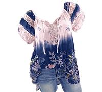 TURWXGSO Ladies Summer Tops Oversized Blouse for Women Plus Size 8-22 UK Sale Boho Print Lace Tunic Blouse V Neck Puff Short Sleeve T-Shirts Casual Office Pullover Going Out Shirt