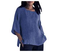 TURWXGSO Ladies Summer Tops Plus Sizes Round Neck Shirts Retro Cotton Linen 3/4 Sleeved Tshirt Solid Classic Dressy Casual Loose Blouse Breathable Outdoor Activity Holiday Tees