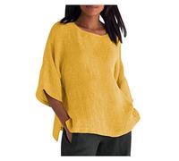 TURWXGSO Ladies Summer Tops Plus Sizes Round Neck Shirts Retro Cotton Linen 3/4 Sleeved Tshirt Solid Classic Dressy Casual Loose Blouse Breathable Outdoor Activity Holiday Tees