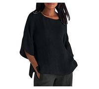TURWXGSO Ladies Summer Tops Plus Sizes Round Neck Shirts Retro Cotton Linen 3/4 Sleeved Tshirt Solid Classic Dressy Casual Loose Blouse Breathable Outdoor Activity Holiday Tees