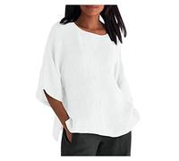 TURWXGSO Ladies Summer Tops Plus Sizes Round Neck Shirts Retro Cotton Linen 3/4 Sleeved Tshirt Solid Classic Dressy Casual Loose Blouse Breathable Outdoor Activity Holiday Tees