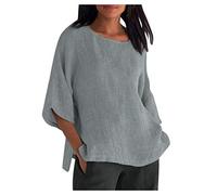 TURWXGSO Ladies Summer Tops Plus Sizes Round Neck Shirts Retro Cotton Linen 3/4 Sleeved Tshirt Solid Classic Dressy Casual Loose Blouse Breathable Outdoor Activity Holiday Tees