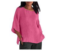 TURWXGSO Ladies Summer Tops Plus Sizes Round Neck Shirts Retro Cotton Linen 3/4 Sleeved Tshirt Solid Classic Dressy Casual Loose Blouse Breathable Outdoor Activity Holiday Tees