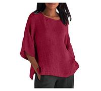 TURWXGSO Ladies Summer Tops Plus Sizes Round Neck Shirts Retro Cotton Linen 3/4 Sleeved Tshirt Solid Classic Dressy Casual Loose Blouse Breathable Outdoor Activity Holiday Tees