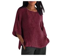 TURWXGSO Ladies Summer Tops Plus Sizes Round Neck Shirts Retro Cotton Linen 3/4 Sleeved Tshirt Solid Classic Dressy Casual Loose Blouse Breathable Outdoor Activity Holiday Tees
