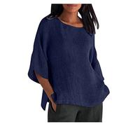 TURWXGSO Ladies Summer Tops Plus Sizes Round Neck Shirts Retro Cotton Linen 3/4 Sleeved Tshirt Solid Classic Dressy Casual Loose Blouse Breathable Outdoor Activity Holiday Tees