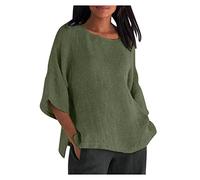 TURWXGSO Ladies Summer Tops Plus Sizes Round Neck Shirts Retro Cotton Linen 3/4 Sleeved Tshirt Solid Classic Dressy Casual Loose Blouse Breathable Outdoor Activity Holiday Tees