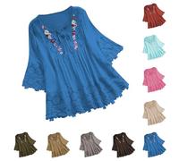 TURWXGSO Ladies Top 3/4 Length Sleeve Womens Boho Tops Cotton Linen Mexican Embroidered Shirts Flowy Lace Tunic Peasant Blouses Oversized Pullover Tees Plus Size T-Shirt UK S-5XL