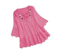 TURWXGSO Ladies Top 3/4 Length Sleeve Womens Boho Tops Cotton Linen Mexican Embroidered Shirts Flowy Lace Tunic Peasant Blouses Oversized Pullover Tees Plus Size T-Shirt UK S-5XL