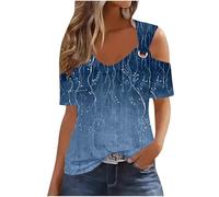 TURWXGSO Ladies Top UK Cold Shoulder Short Sleeve Tops for Women Eyelet Tees Floral Printed Baggy Tshirt Dressy Casual Shirts Going Out Summer Blouse Trendy Basic Pullover Sale