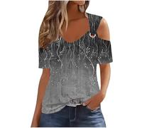 TURWXGSO Ladies Top UK Cold Shoulder Short Sleeve Tops for Women Eyelet Tees Floral Printed Baggy Tshirt Dressy Casual Shirts Going Out Summer Blouse Trendy Basic Pullover Sale
