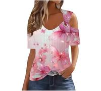 TURWXGSO Ladies Top UK Cold Shoulder Short Sleeve Tops for Women Eyelet Tees Floral Printed Baggy Tshirt Dressy Casual Shirts Going Out Summer Blouse Trendy Basic Pullover Sale