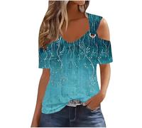 TURWXGSO Ladies Top UK Cold Shoulder Short Sleeve Tops for Women Eyelet Tees Floral Printed Baggy Tshirt Dressy Casual Shirts Going Out Summer Blouse Trendy Basic Pullover Sale