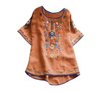 TURWXGSO Ladies Tops Summer Short Sleeve T-Shirts Boho Embroidered Top Retro Floral Mexican Shirts Cotton Linen Pullover Tunic Blouses Casual Crew Neck Tshrts UK Plus Size 8-20 Sale