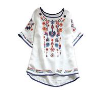 TURWXGSO Ladies Tops Summer Short Sleeve T-Shirts Boho Embroidered Top Retro Floral Mexican Shirts Cotton Linen Pullover Tunic Blouses Casual Crew Neck Tshrts UK Plus Size 8-20 Sale