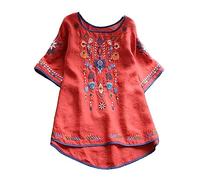 TURWXGSO Ladies Tops Summer Short Sleeve T-Shirts Boho Embroidered Top Retro Floral Mexican Shirts Cotton Linen Pullover Tunic Blouses Casual Crew Neck Tshrts UK Plus Size 8-20 Sale