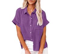 TURWXGSO Ladies Tops UK Size 8-22 Clearance Womens Summer Short Sleeve Button Up Shirts Elegant Cotton Linen Blouse V Neck Collared Top with Pocket Loose Casual Office Ladies Clothes
