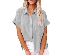 TURWXGSO Ladies Tops UK Size 8-22 Clearance Womens Summer Short Sleeve Button Up Shirts Elegant Cotton Linen Blouse V Neck Collared Top with Pocket Loose Casual Office Ladies Clothes