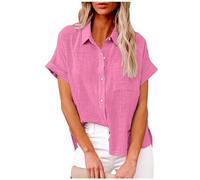 TURWXGSO Ladies Tops UK Size 8-22 Clearance Womens Summer Short Sleeve Button Up Shirts Elegant Cotton Linen Blouse V Neck Collared Top with Pocket Loose Casual Office Ladies Clothes