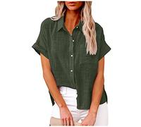 TURWXGSO Ladies Tops UK Size 8-22 Clearance Womens Summer Short Sleeve Button Up Shirts Elegant Cotton Linen Blouse V Neck Collared Top with Pocket Loose Casual Office Ladies Clothes
