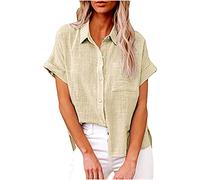 TURWXGSO Ladies Tops UK Size 8-22 Clearance Womens Summer Short Sleeve Button Up Shirts Elegant Cotton Linen Blouse V Neck Collared Top with Pocket Loose Casual Office Ladies Clothes