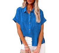 TURWXGSO Ladies Tops UK Size 8-22 Clearance Womens Summer Short Sleeve Button Up Shirts Elegant Cotton Linen Blouse V Neck Collared Top with Pocket Loose Casual Office Ladies Clothes