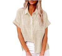 TURWXGSO Ladies Tops UK Size 8-22 Clearance Womens Summer Short Sleeve Button Up Shirts Elegant Cotton Linen Blouse V Neck Collared Top with Pocket Loose Casual Office Ladies Clothes