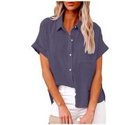 TURWXGSO Ladies Tops UK Size 8-22 Clearance Womens Summer Short Sleeve Button Up Shirts Elegant Cotton Linen Blouse V Neck Collared Top with Pocket Loose Casual Office Ladies Clothes