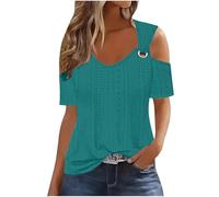 TURWXGSO Ladies Tops UK Size 8-22 Cold Shoulder Short Sleeve Tops for Women Eyelet Tees Baggy Tshirts Dressy Casual Basic Shirts Going Out Summer Pullover Trendy Streetwear Sale