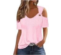 TURWXGSO Ladies Tops UK Size 8-22 Cold Shoulder Short Sleeve Tops for Women Eyelet Tees Baggy Tshirts Dressy Casual Basic Shirts Going Out Summer Pullover Trendy Streetwear Sale