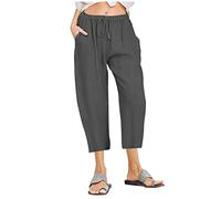 TURWXGSO Linen 3/4 Cropped Trousers Womens Solid Color Cotton Linen Pants Drawstring Elasticed Waist Wide Leg Trousers Ladies Casual Loose Comfy Capri Pants with Pockets