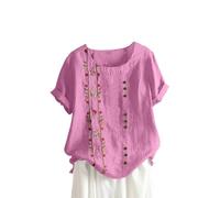 TURWXGSO Linen Tops for Women UK Casual Loose Summer T-Shirts Foral Embroidered Boho Top Short Sleeve Tunic Blouses Crew Neck Button Pullover Trendy Cute Tees Plus Size 14-28