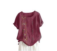 TURWXGSO Linen Tops for Women UK Casual Loose Summer T-Shirts Foral Embroidered Boho Top Short Sleeve Tunic Blouses Crew Neck Button Pullover Trendy Cute Tees Plus Size 14-28